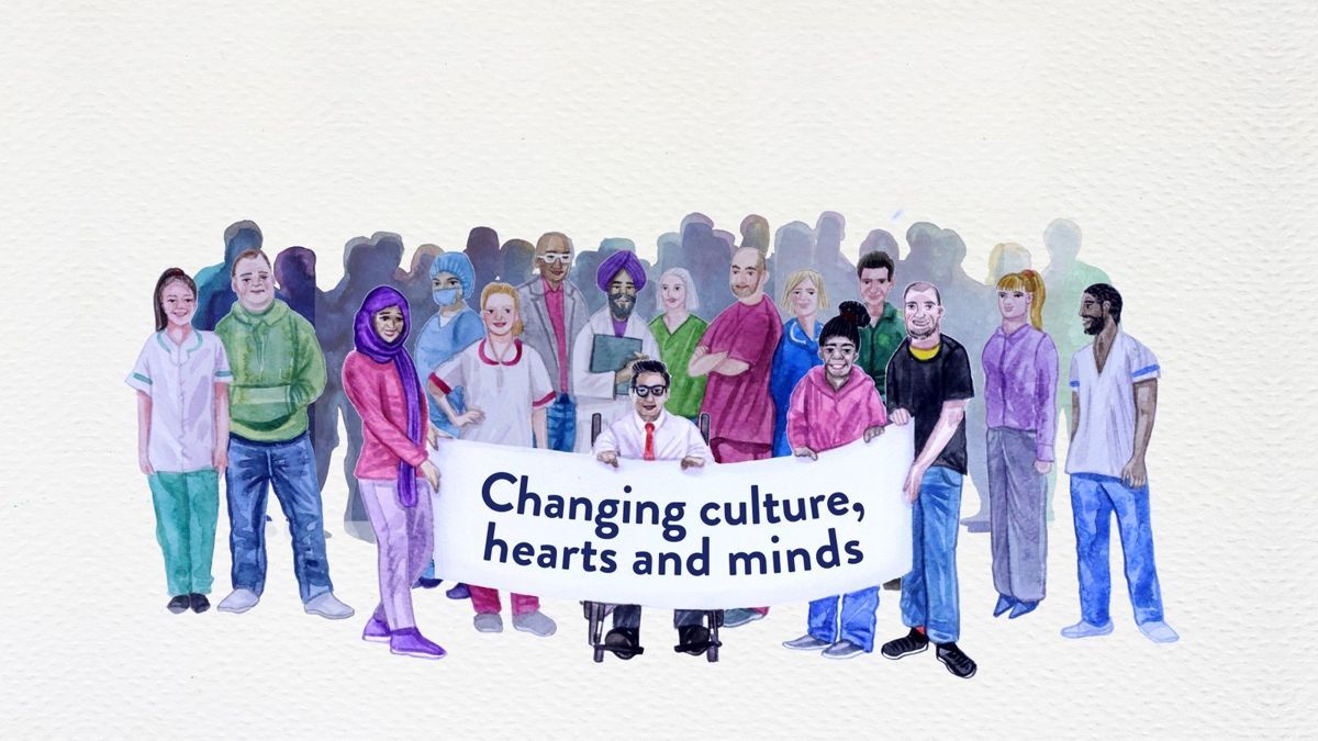Illustration of a diverse group of people holding a banner